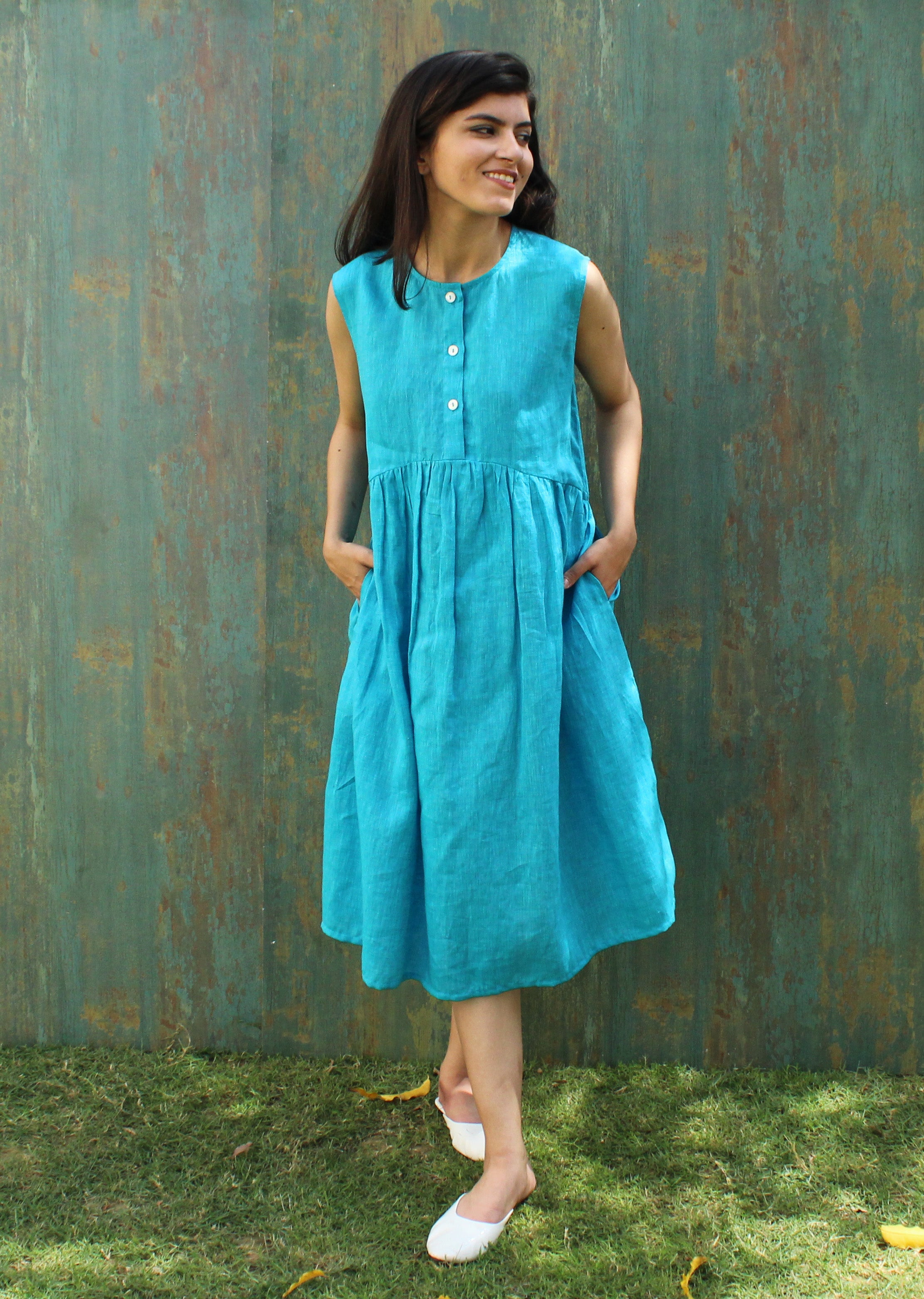 Linen Asymmetrical Empire Waist Sleeveless Dress