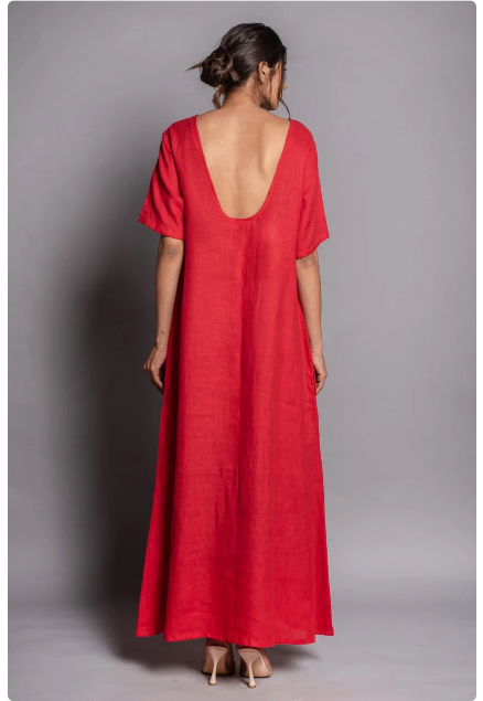 Backless Deep U A- Line Red Linen Dress in Half Sleeves