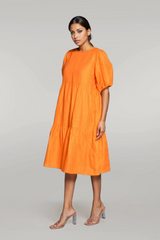 Smock Midi Layered Linen Dress with Half Sleeves
