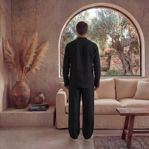 Black Linen Band Collar Shirt