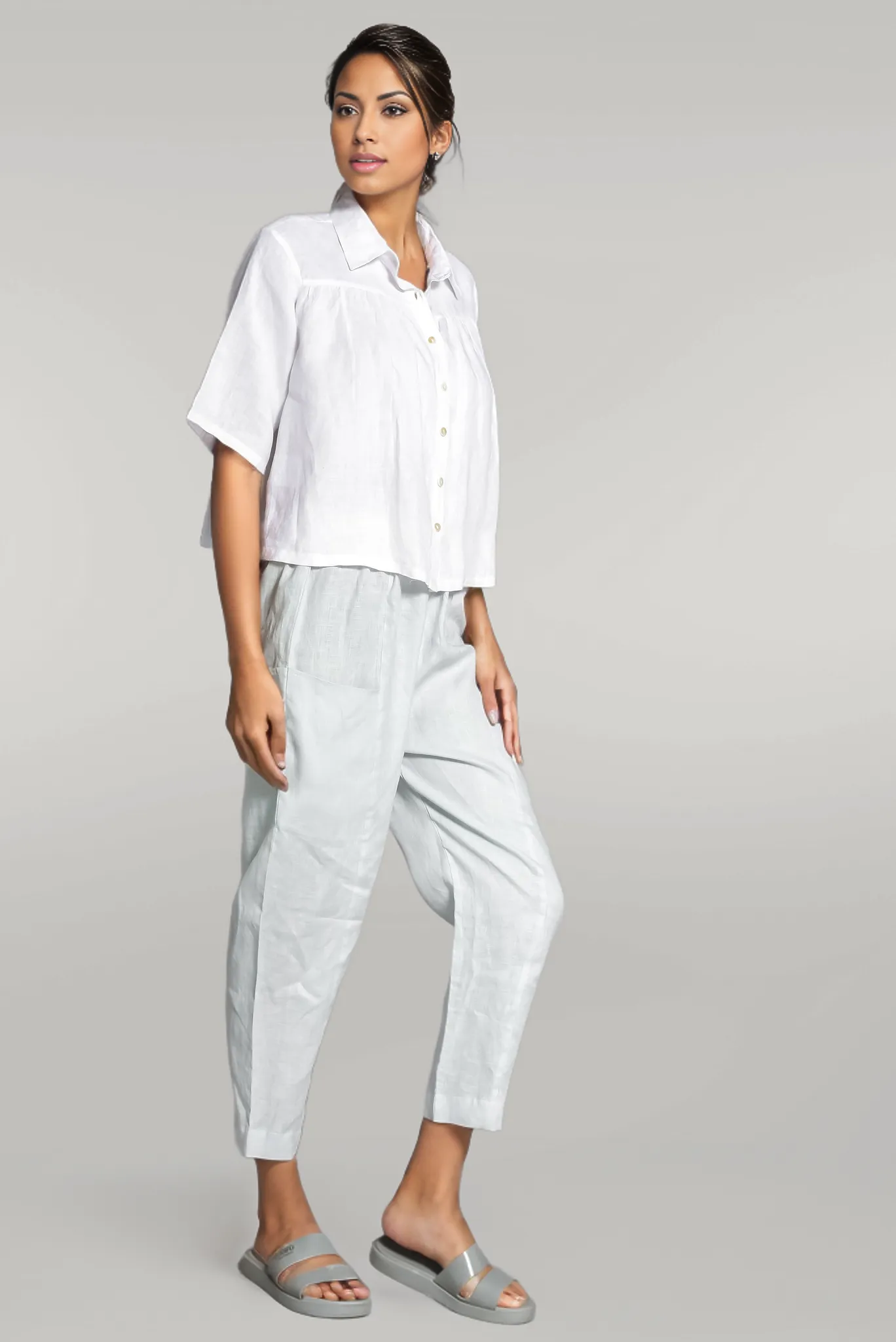 White Linen Collared Cropped Blouse