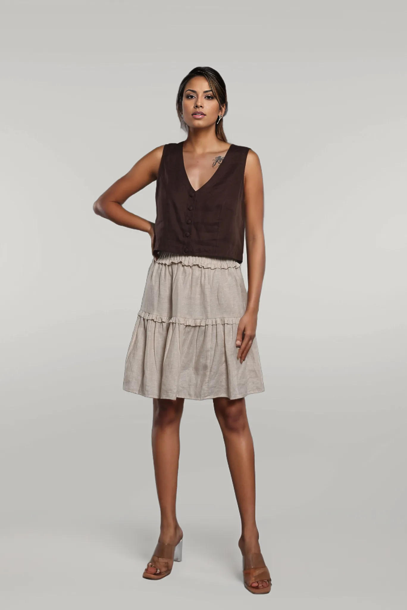 Skater Round Skirt, Midi Linen Skirt with Pockets