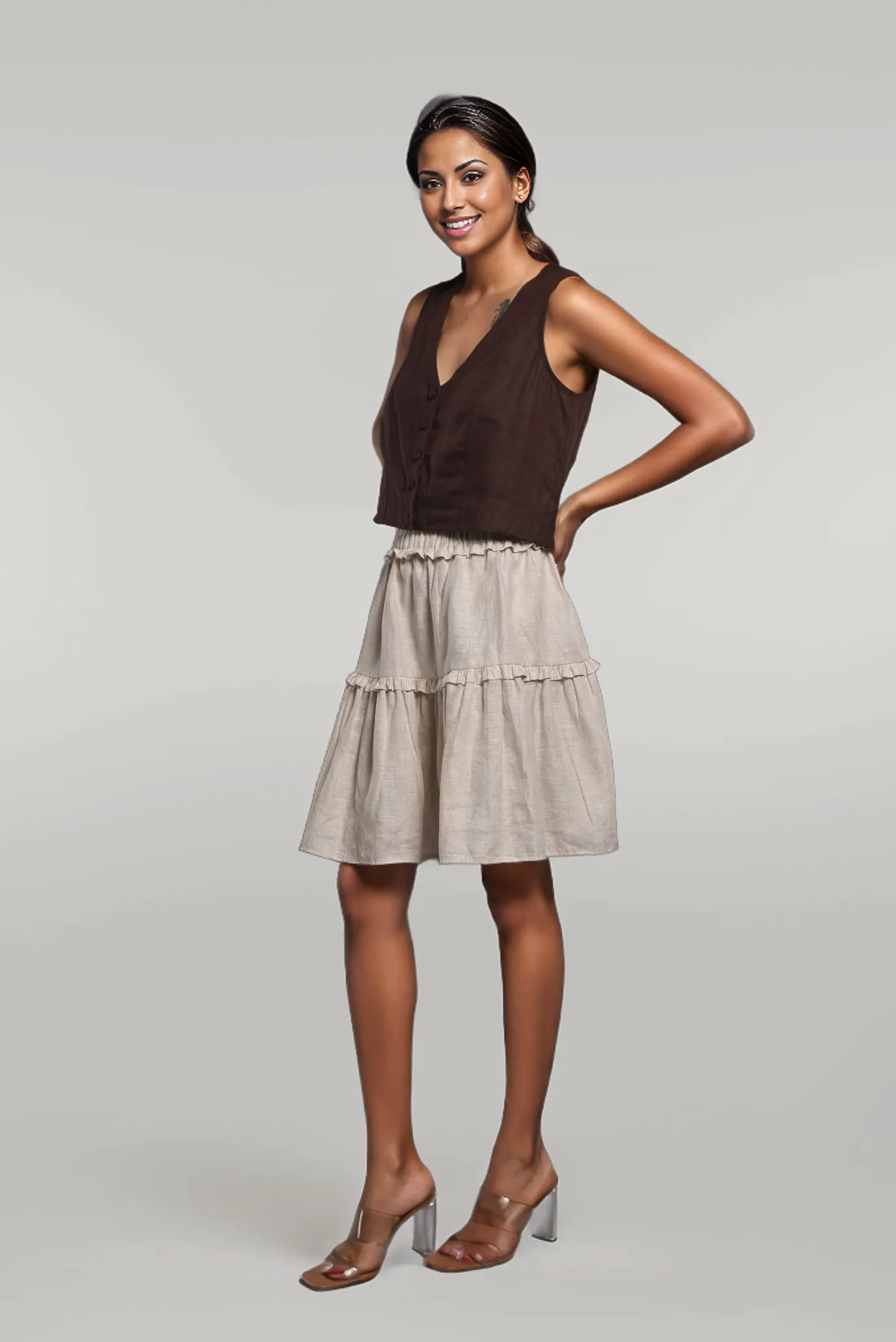 Skater Round Skirt, Midi Linen Skirt with Pockets