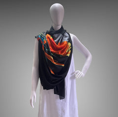 Black and Red Satin silk Floral Print Stole