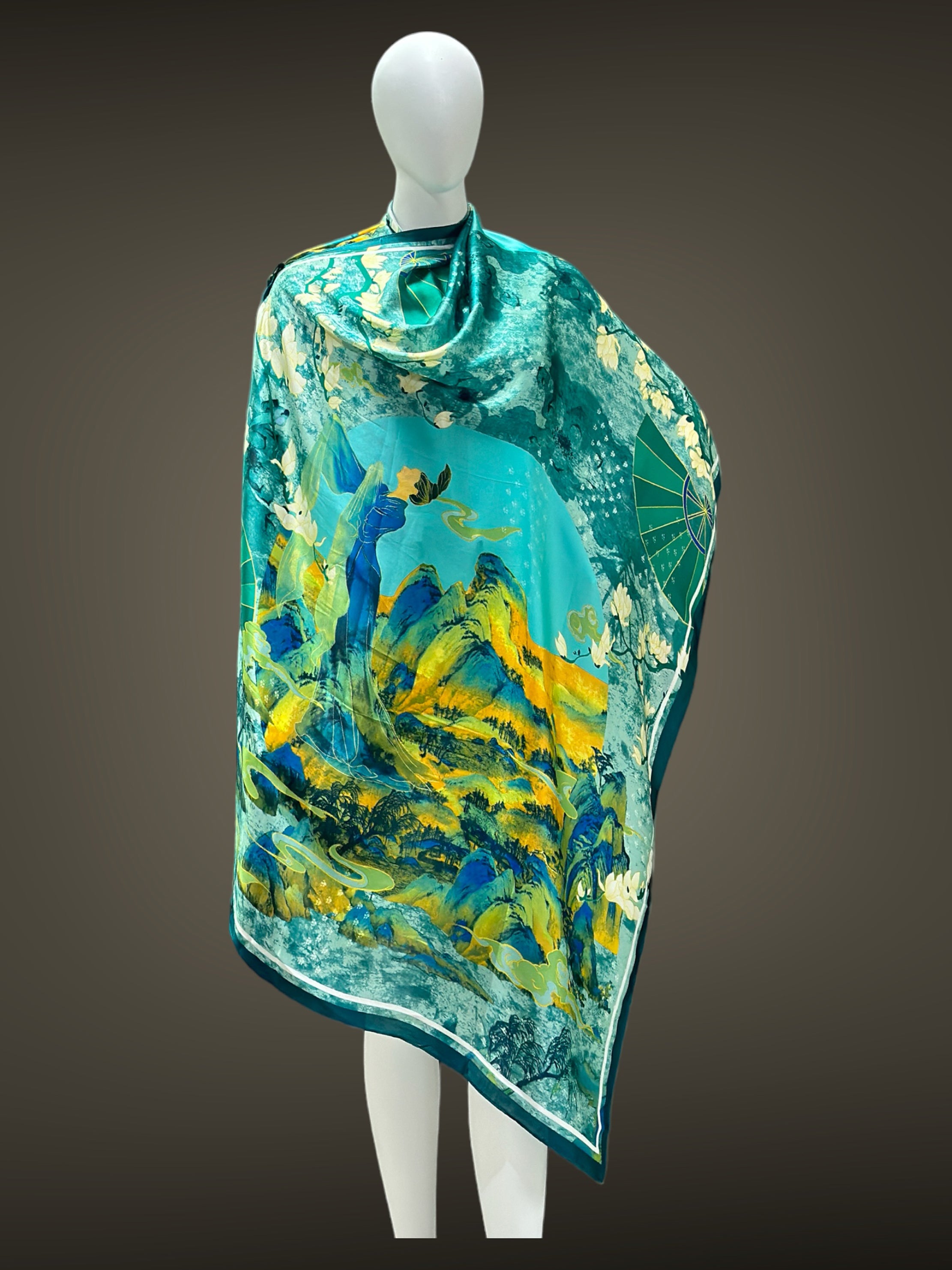 Green and Yellow Flowers Satin Silk Boho Stole