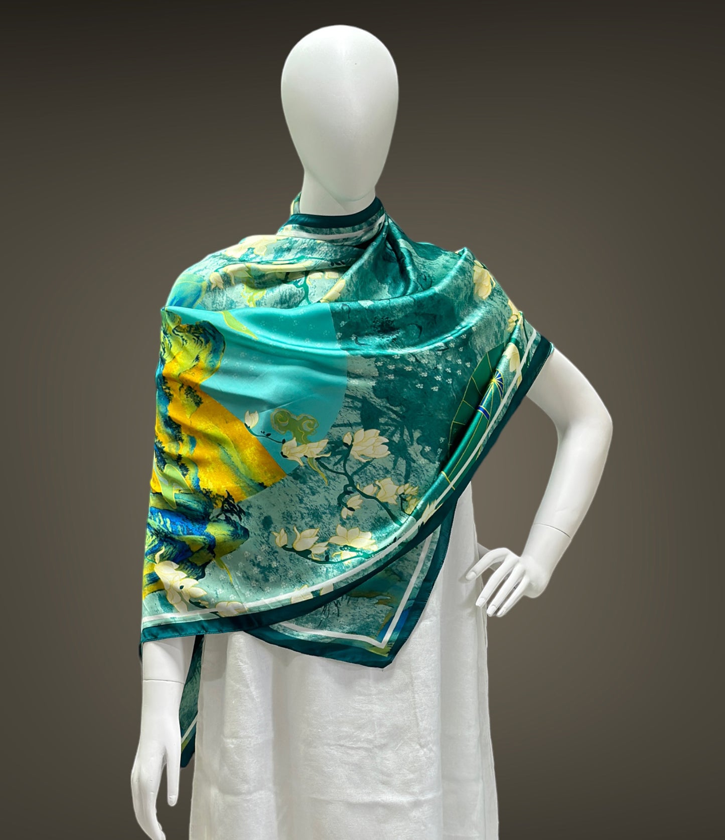 Green and Yellow Flowers Satin Silk Boho Stole