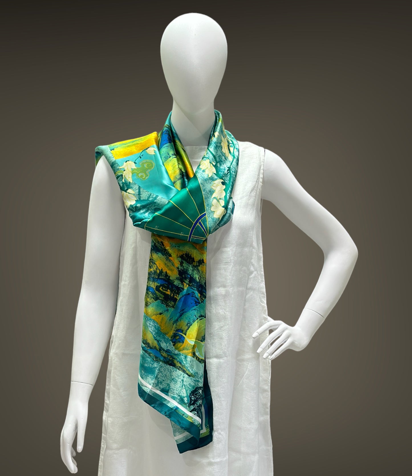 Green and Yellow Flowers Satin Silk Boho Stole