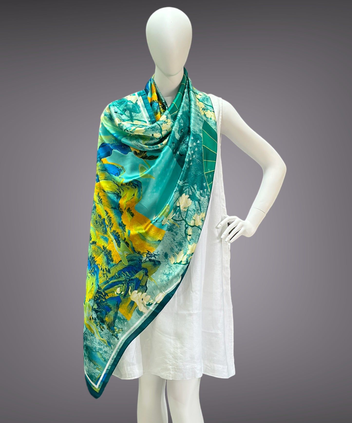 Green and Yellow Flowers Satin Silk Boho Stole