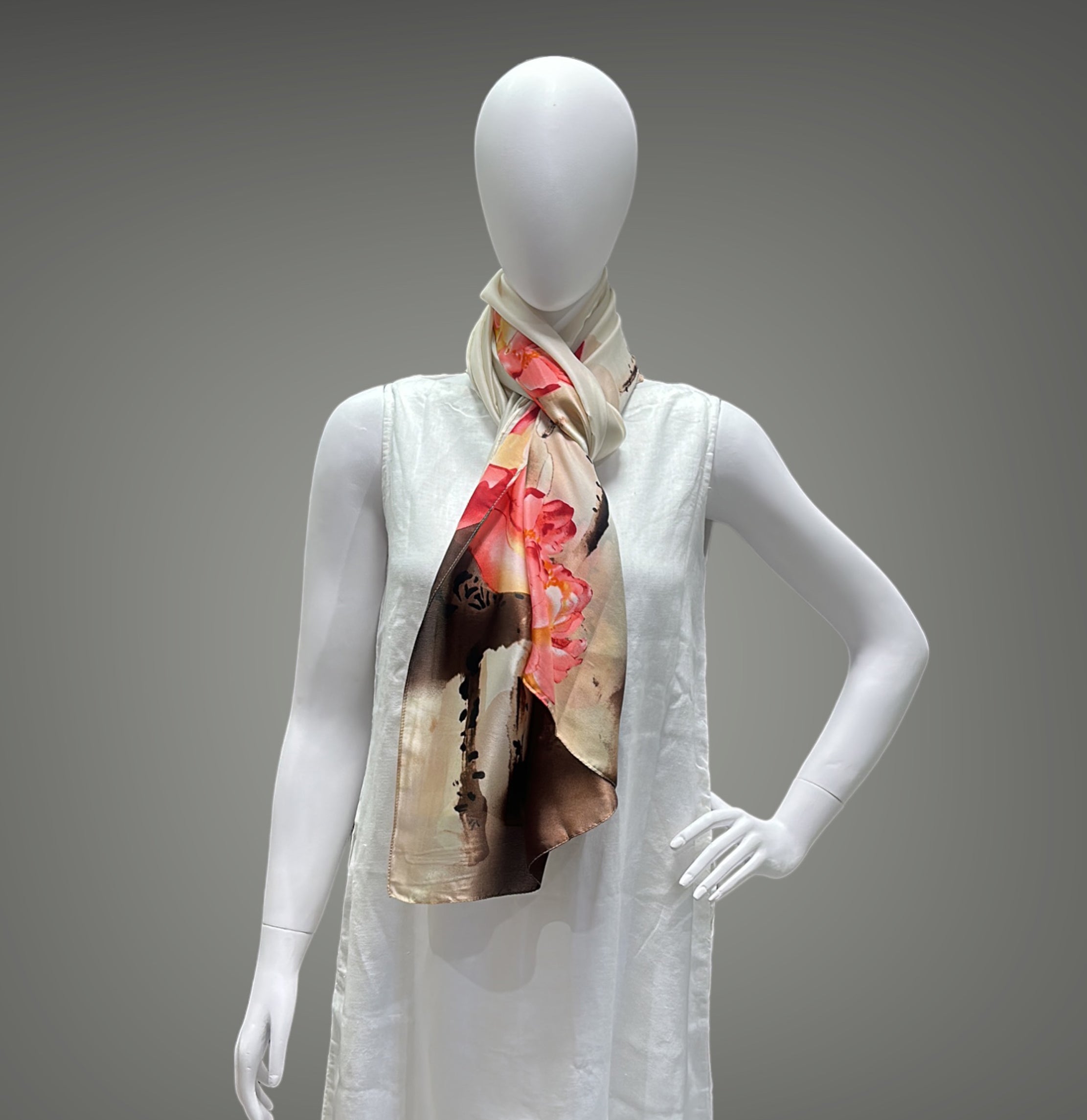 Cream with Pink and Brown Floral Print Colorful Boho Silk Stole