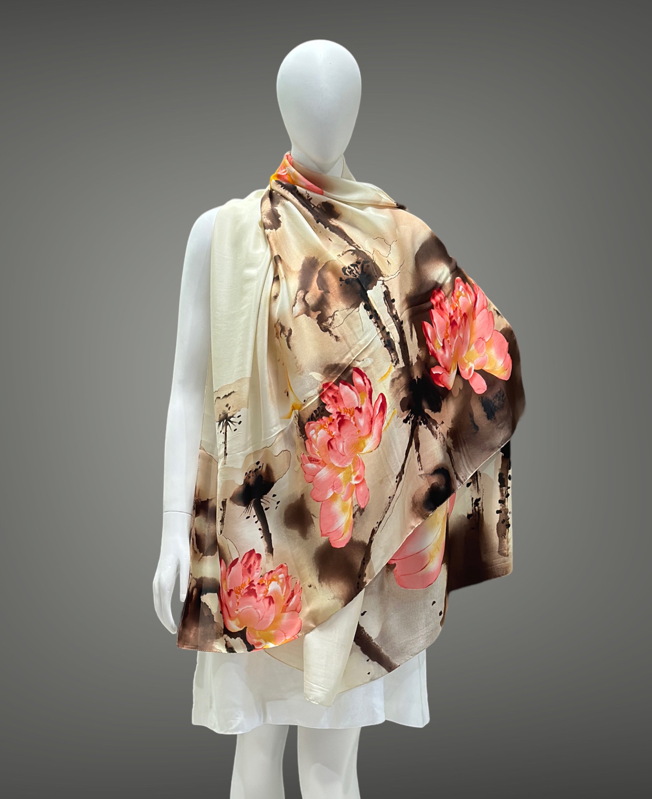 Cream with Pink and Brown Floral Print Colorful Boho Silk Stole