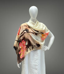 Cream with Pink and Brown Floral Print Colorful Boho Silk Stole