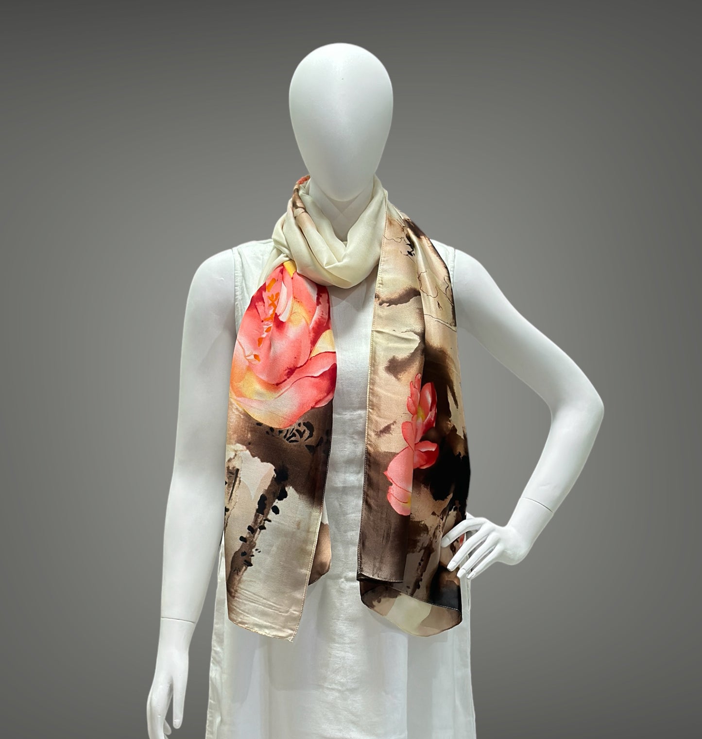 Cream with Pink and Brown Floral Print Colorful Boho Silk Stole
