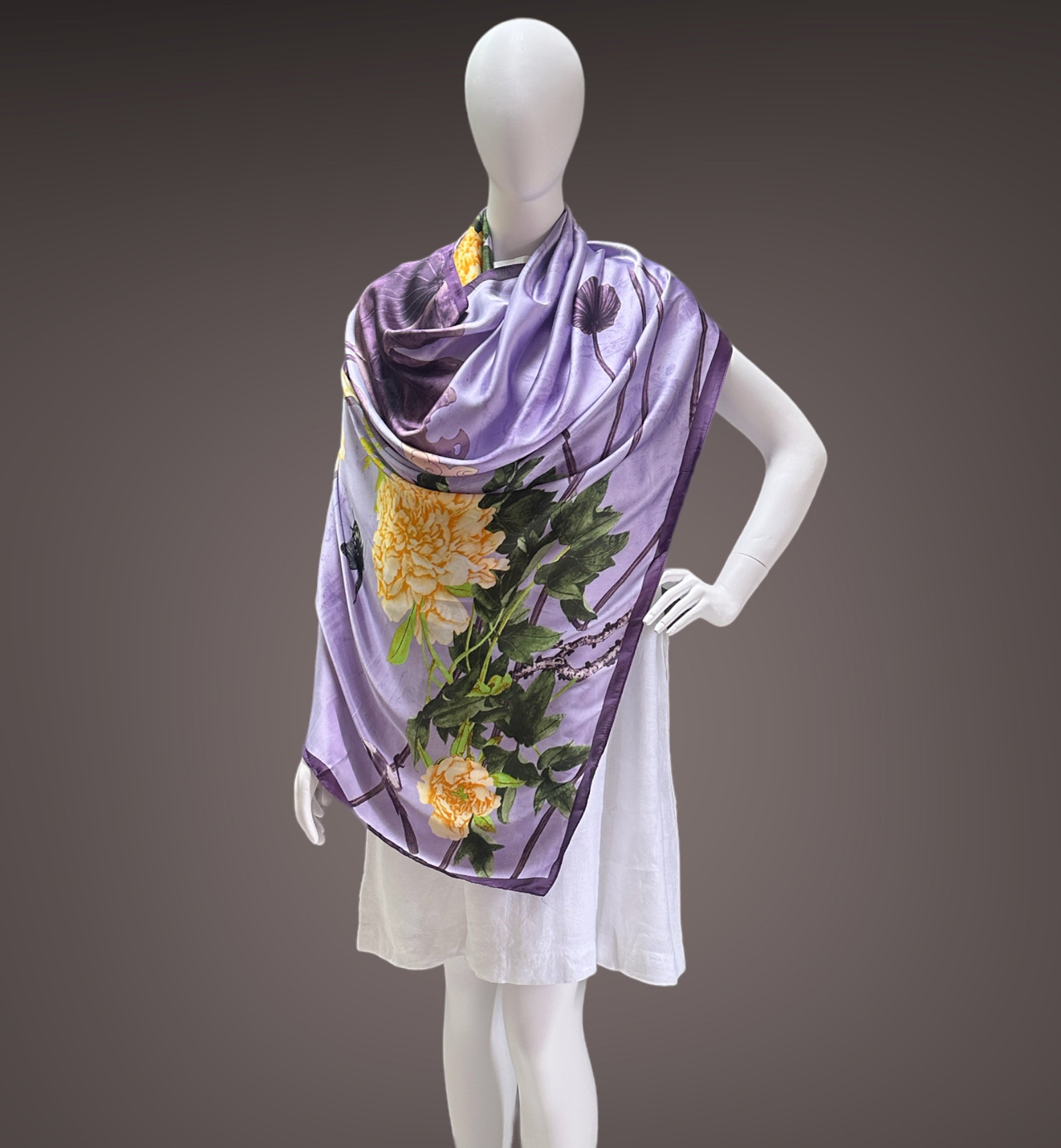 Purple Floral Print Satin Silk Stole