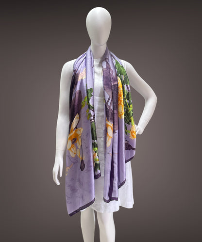 Purple Floral Print Satin Silk Stole