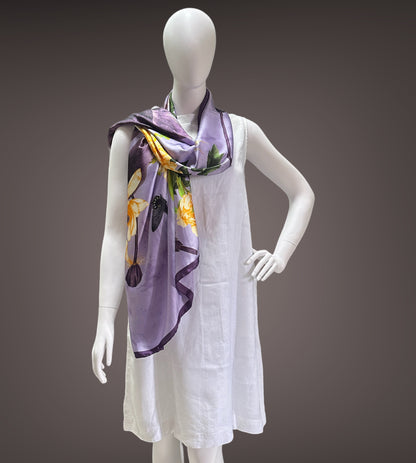 Purple Floral Print Satin Silk Stole