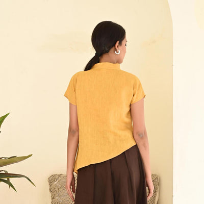 Asymmetric Linen Shirt, Short Sleeve: back view of woman in Honey short sleeve linen shirt