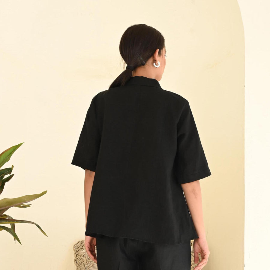 Black Linen Button-Down Shirt, Oversized: back view of Black oversized linen shirt