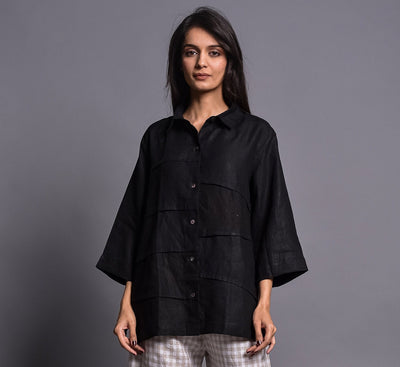 Black Linen Collared Button Shirt: woman in Black button shirt, straight front view