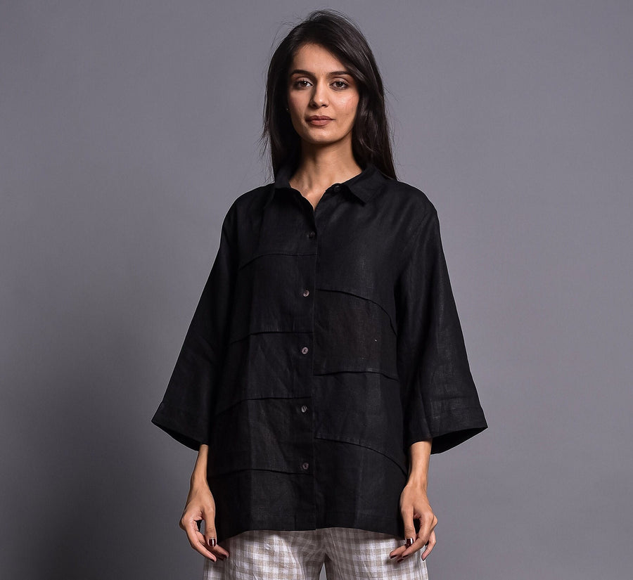 Black Linen Collared Button Shirt: woman in Black button shirt, straight front view