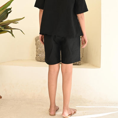 Black Linen High Waist Shorts: back view of Black linen high waist shorts