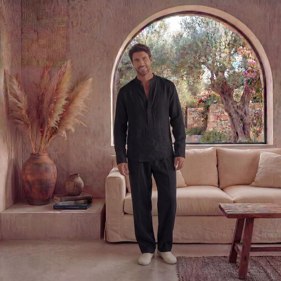 Men's Black Linen Shirt, Long Sleeve: man in black long sleeve linen shirt, standing with arms relaxed, arched window