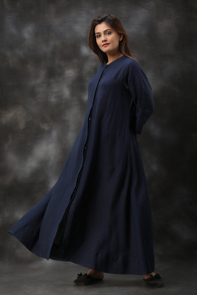 Blue Linen Kimono Shirt Dress: Navy Blue kimono dress flowing as woman turns