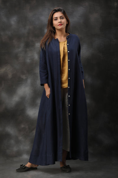 Blue Linen Kimono Shirt Dress: Navy Blue kimono dress worn open over a mustard top