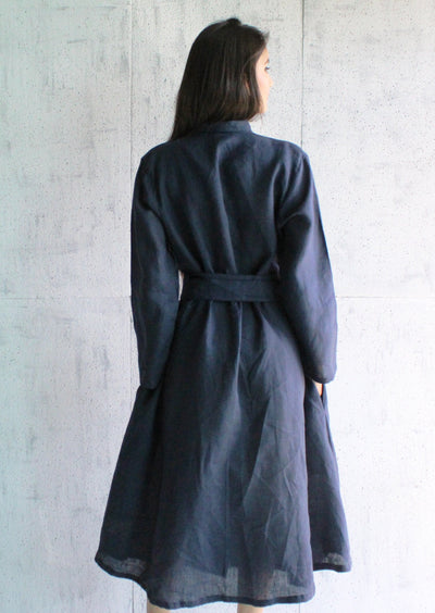 Blue Linen Kimono Wrap Dress: back view of Navy Blue linen kimono wrap dress with tie belt