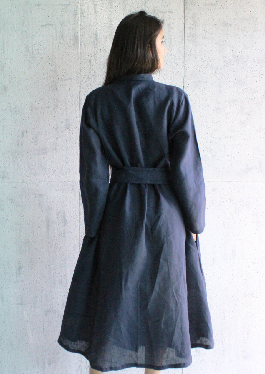 Blue Linen Kimono Wrap Dress: back view of Navy Blue linen kimono wrap dress with tie belt