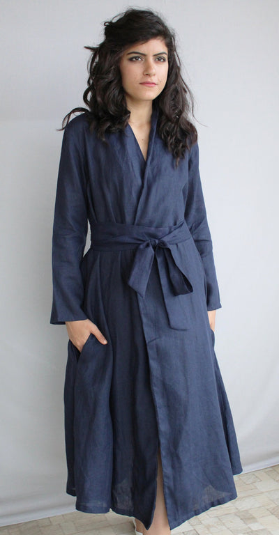 Blue Linen Kimono Wrap Dress: woman in Navy Blue linen kimono wrap dress, front view, long sleeves
