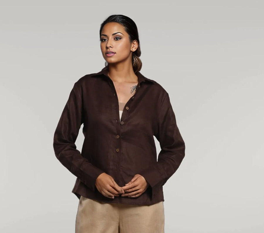 Brown Linen Button Down Shirt, Long Sleeve: woman in Brown shirt, looking aside, close view