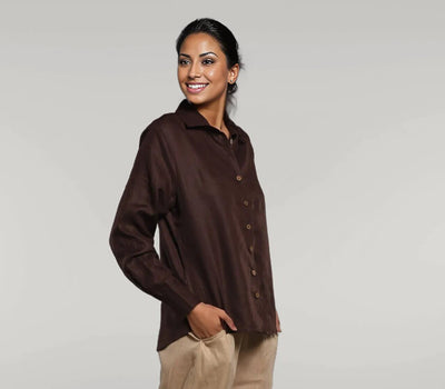 Brown Linen Button Down Shirt, Long Sleeve: woman in Brown shirt, smiling, turned to the side