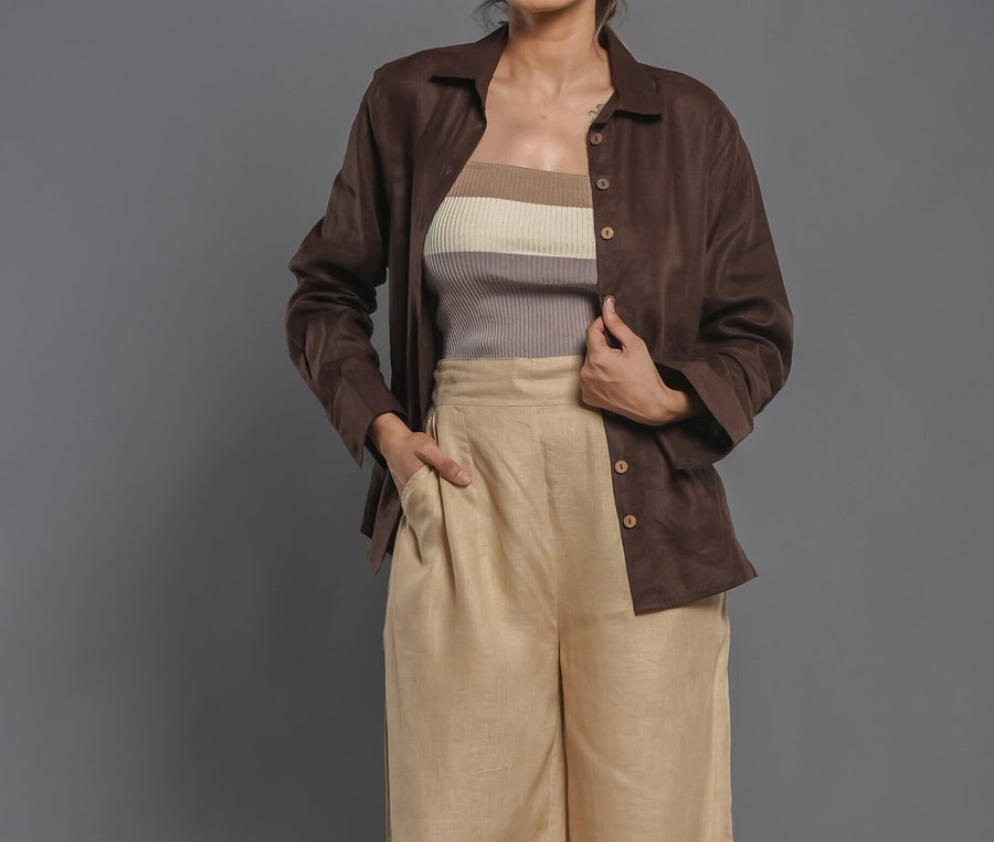 Brown Linen Button Down Shirt, Long Sleeve: woman in open Brown shirt over striped top
