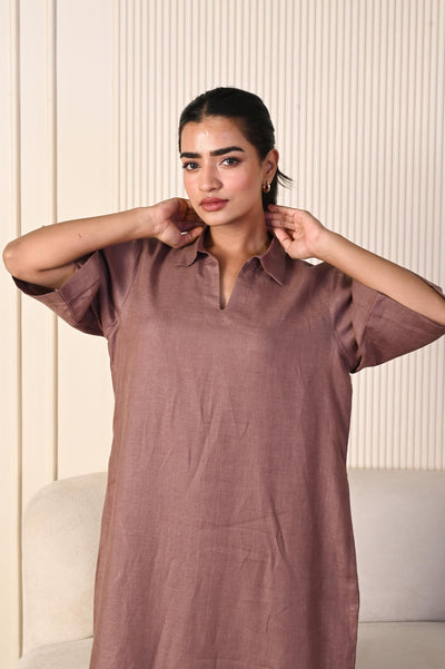 Brown Linen Collared Maxi Dress: close-up of mauve brown linen maxi dress with collar, hands at her neck