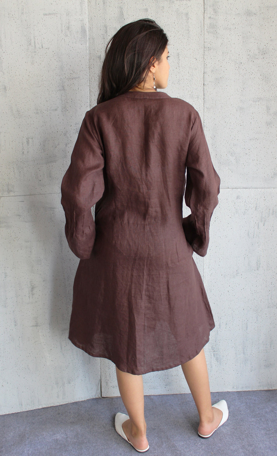 Brown Linen Kimono Jacket: back view of Brown linen kimono jacket with flared sleeves