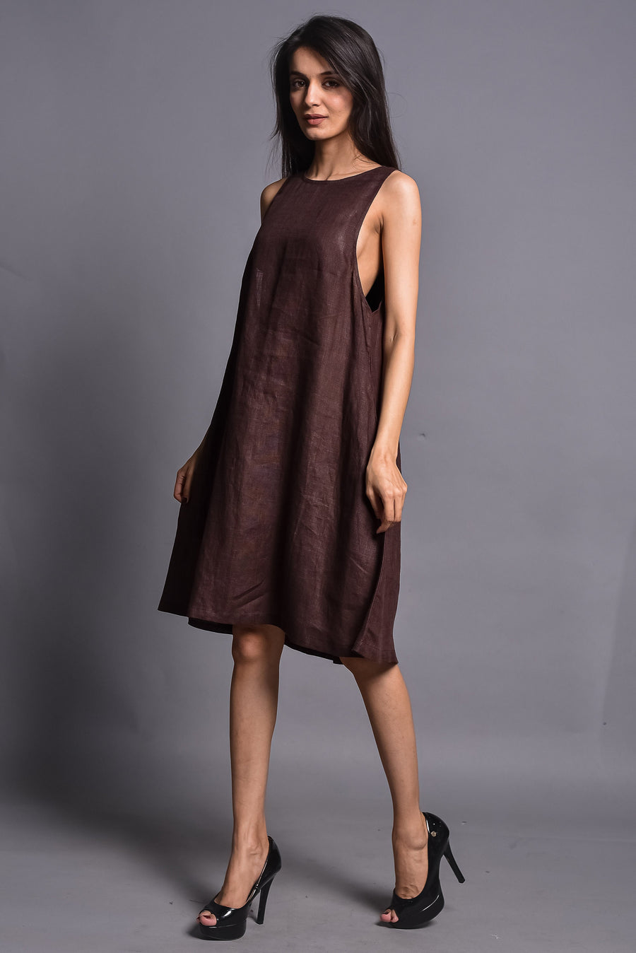 Brown Sleeveless Linen Slip Dress: angled side view of Brown sleeveless linen dress