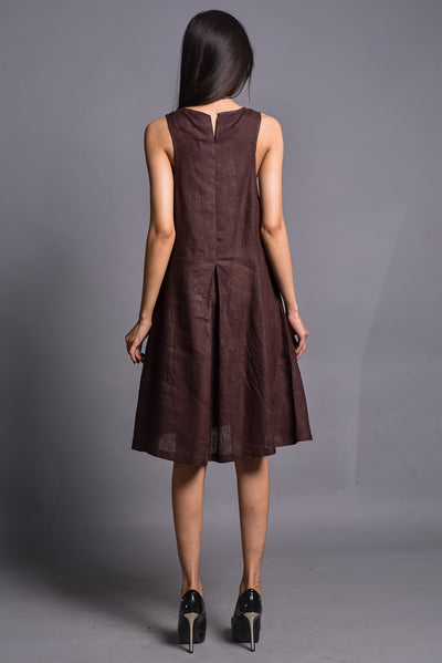 Brown Sleeveless Linen Slip Dress: back view of Brown sleeveless dress with pleats