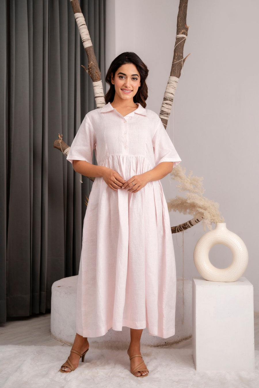 Classic Long Linen Dress: woman in Powder Pink long dress, full length
