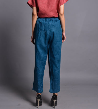 Elastic Waist Linen Harem Pants: front view of Peacock Blue harem pants with elastic waist and black heels