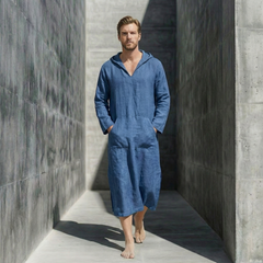 Navy Blue Hooded Linen Lounge Dress