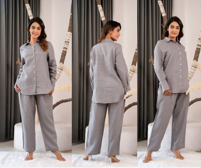 Grey Linen Co-ord Set, Shirt & Pants: three views of Grey linen shirt and pants set side by side