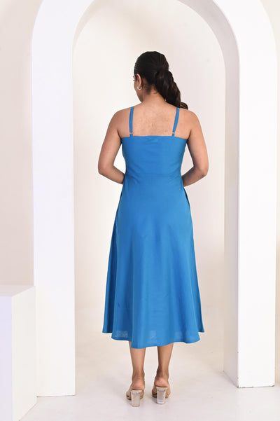 Handmade Blue Linen Midi Dress, Sleeveless: back view of Turquoise Blue linen midi dress with crossed straps