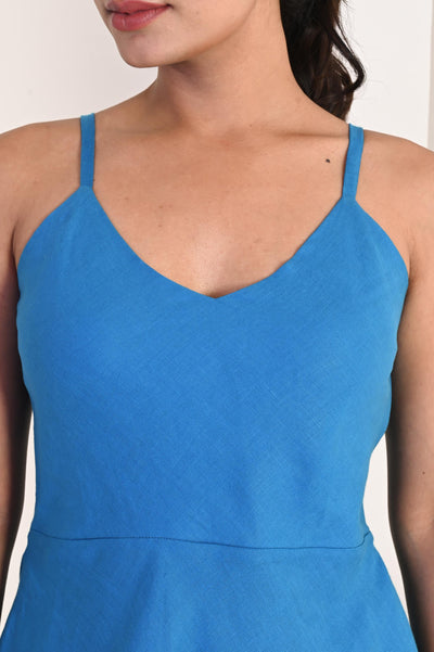 Handmade Blue Linen Midi Dress, Sleeveless: close-up of V-neckline and straps on Turquoise Blue linen dress