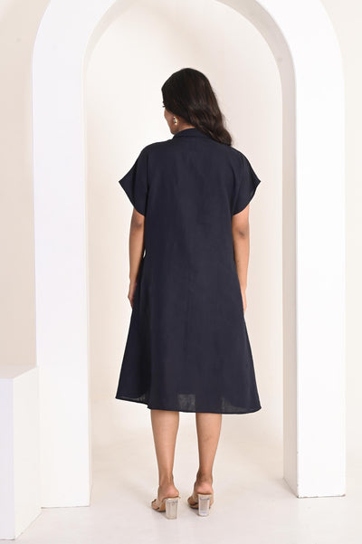 Handmade Linen A-Line Dress, Collared: back view of Navy Blue short sleeve A-line linen dress