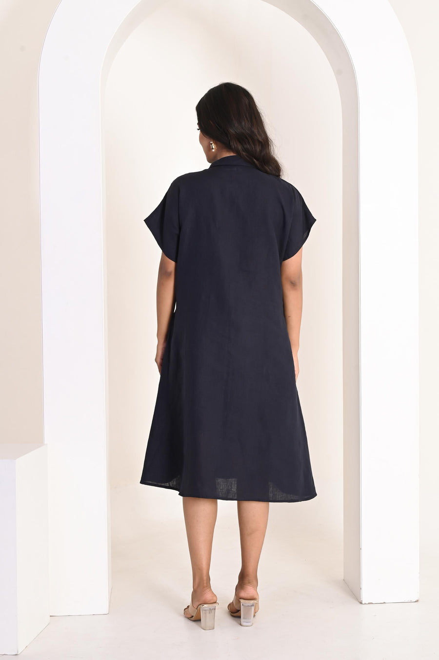 Handmade Linen A-Line Dress, Collared: back view of Navy Blue short sleeve A-line linen dress