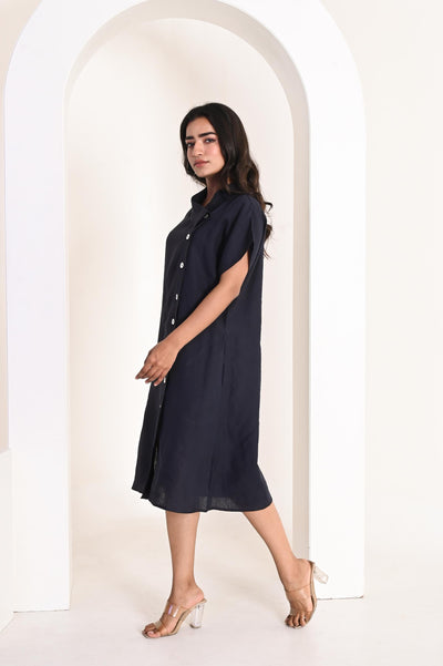 Handmade Linen A-Line Dress, Collared: side view of woman walking in Navy Blue A-line linen dress