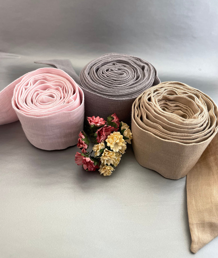 Handmade Linen Belt: rolled linen belts in pink, grey and tan with small flowers