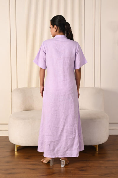 Handmade Linen Maxi Dress, A-Line V-Neck: Lilac maxi dress, back view