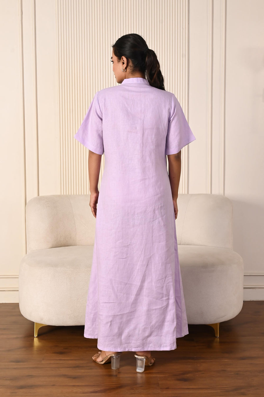 Handmade Linen Maxi Dress, A-Line V-Neck: Lilac maxi dress, back view