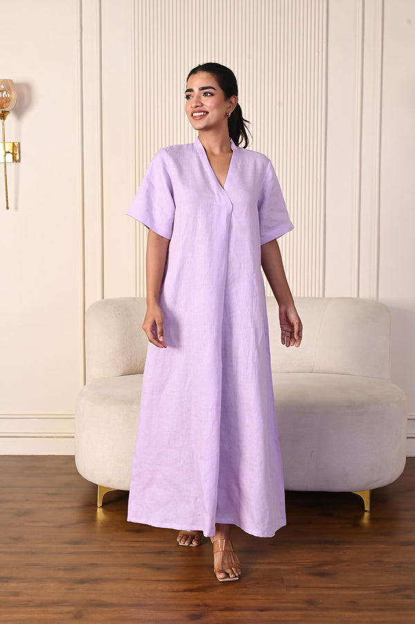 Handmade Linen Maxi Dress, A-Line V-Neck: woman in Lilac maxi dress with V neck, front view